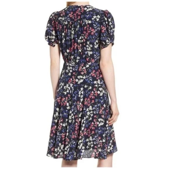 NWT Lewit Keyhole Puff Sleeve 100% Silk A-Line Dress Knee Length Navy Blue Dress - Picture 3 of 8